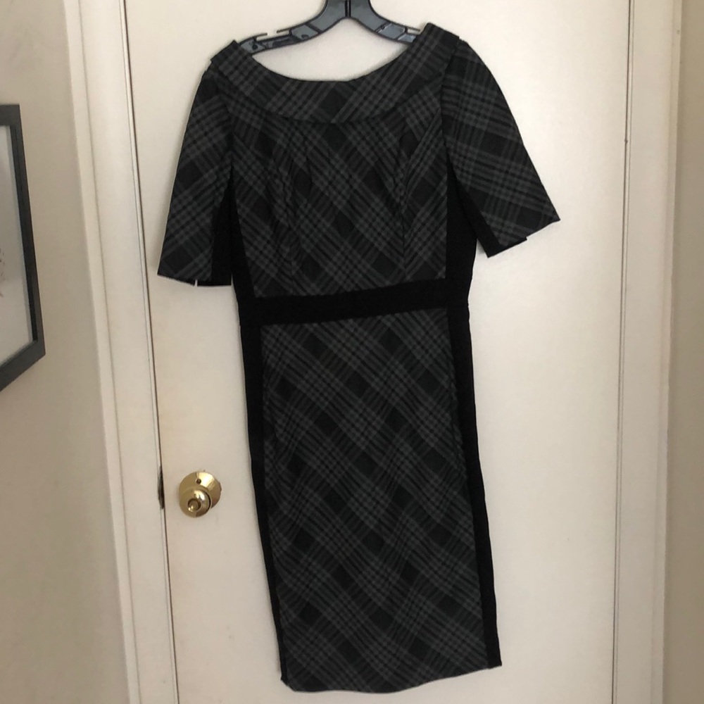 Black and gray plaid dress with mock collar.